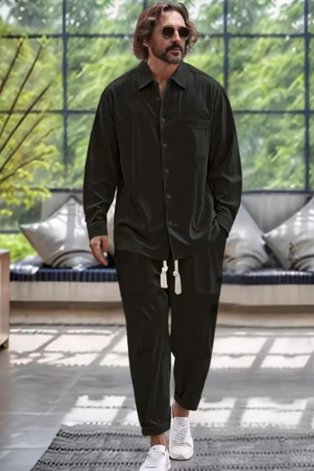 Men's Collared Neck Long Sleeve Top and Pants Set Plus Size - Treasured Gift's & More