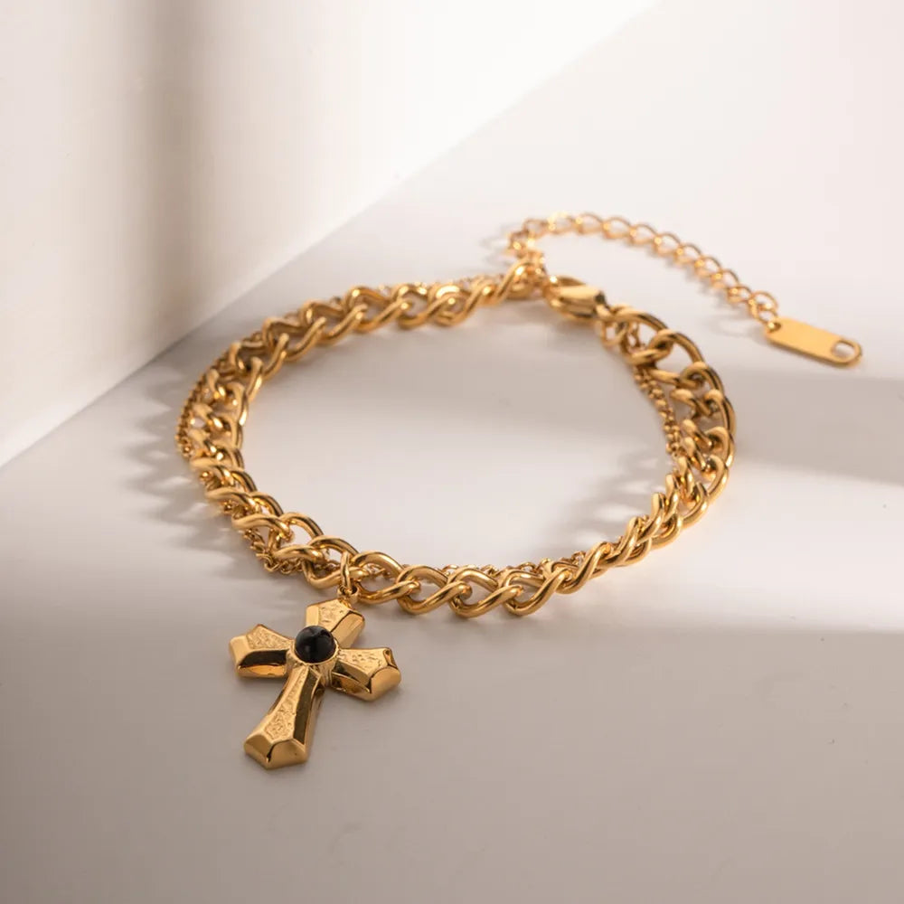 Stainless Steel Imitation Gemstone Cross Shape Pendant Bracelet - Treasured Gift's & More