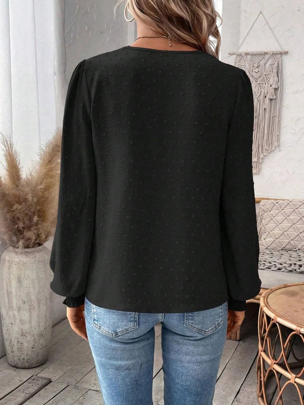 Swiss Dot Lace Detail Notched Long Sleeve Blouse - Treasured Gift's & More