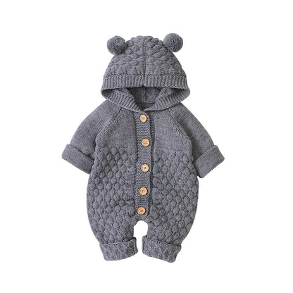 Children's three-dimensional fur ball hooded solid color knitted jumpsuit