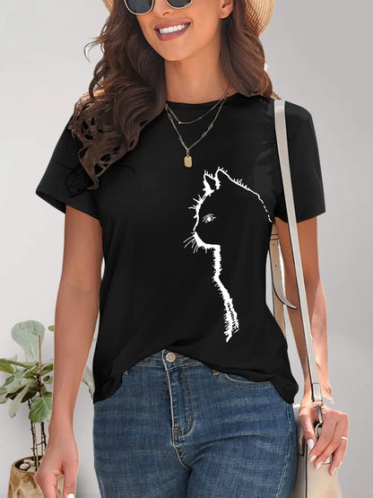 Cat Round Neck Short Sleeve T-Shirt - Treasured Gift's & More