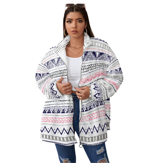 All-Over Print Unisex Borg Fleece Stand-up Collar Coat With Zipper Closure(Plus Size)