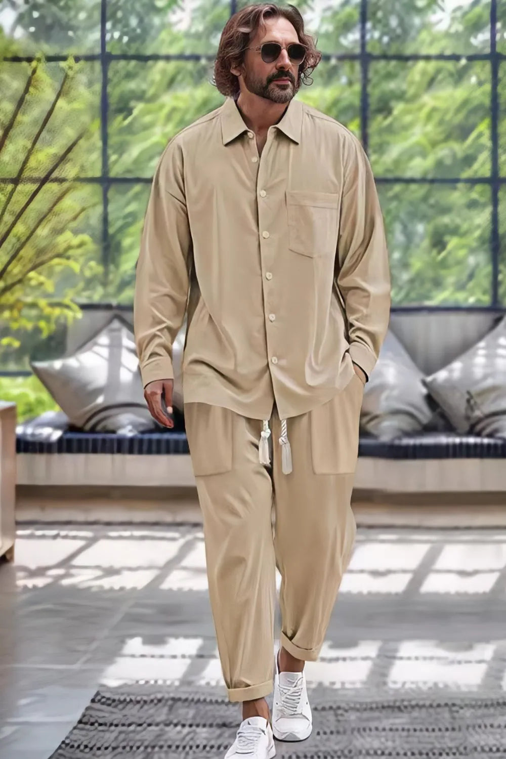 Men's Collared Neck Long Sleeve Top and Pants Set Plus Size - Treasured Gift's & More