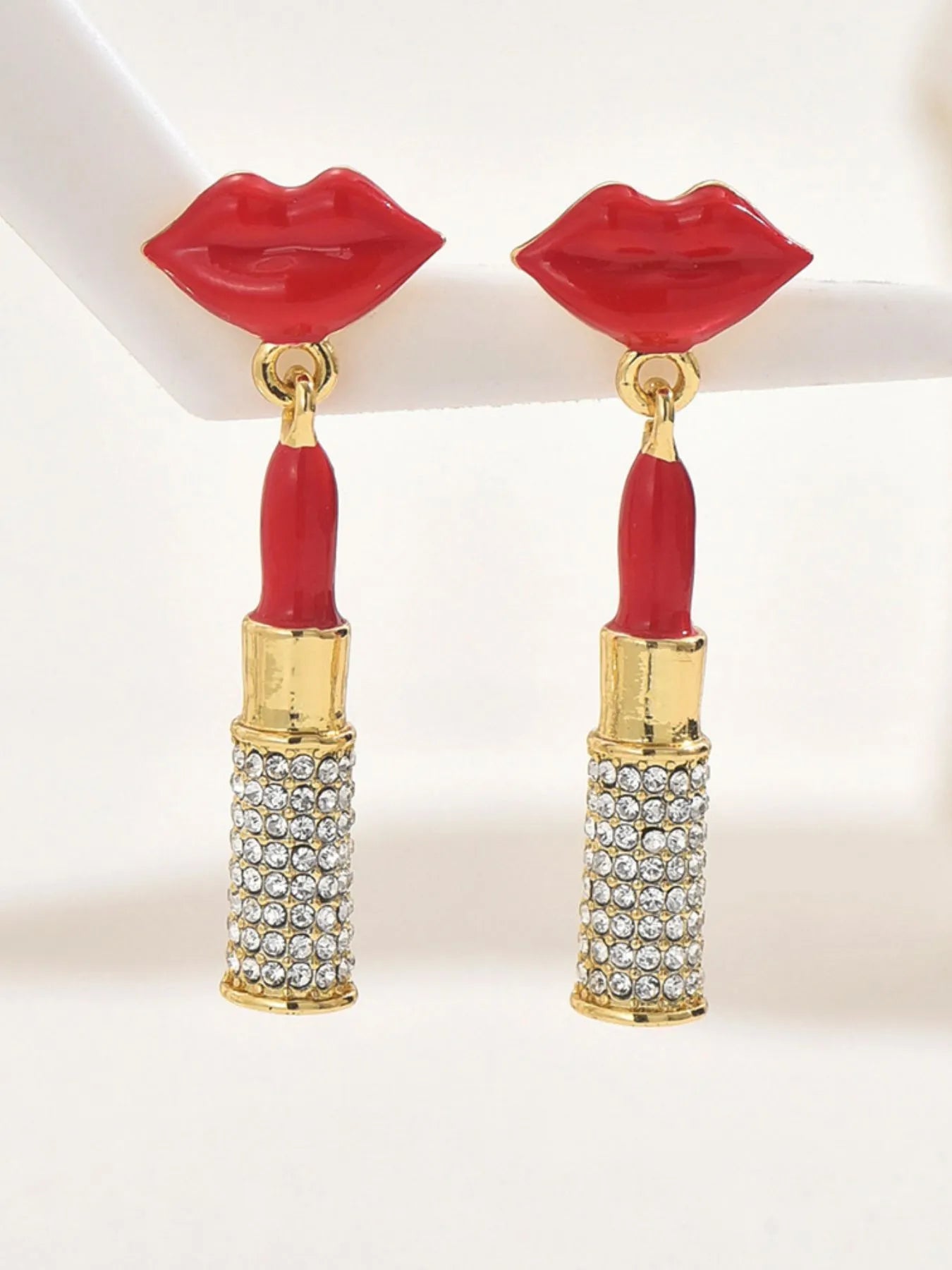 Stainless Steel Resin Lips Lipstick Rhinestone Earrings - Treasured Gift's & More