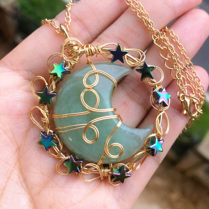 Natural Gems Stone Moon Star Crystal Pendant Necklace