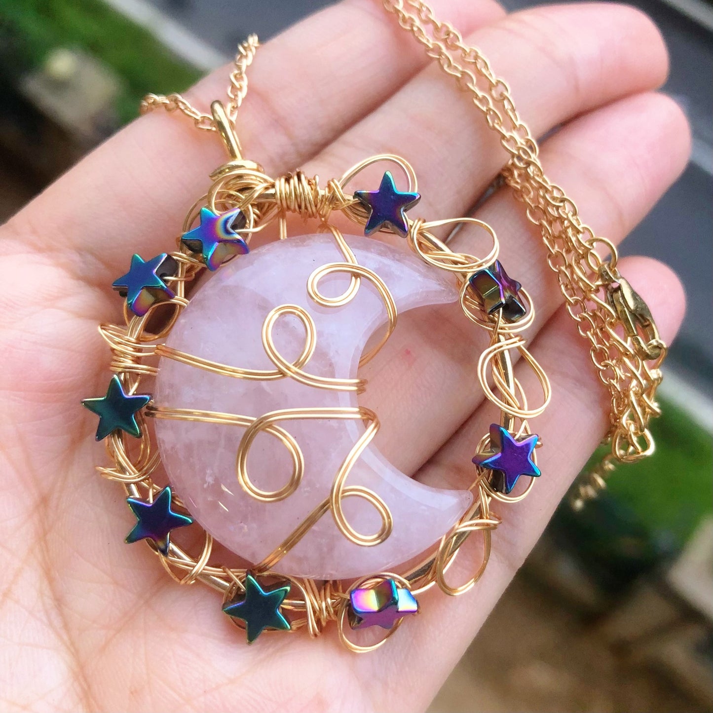 Natural Gems Stone Moon Star Crystal Pendant Necklace