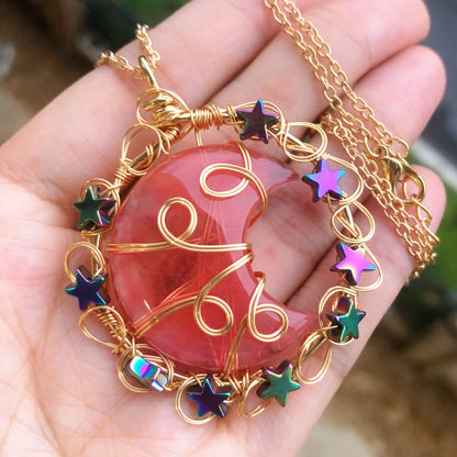 Natural Gems Stone Moon Star Crystal Pendant Necklace