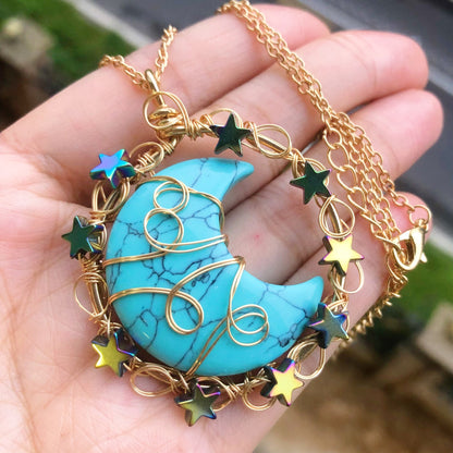 Natural Gems Stone Moon Star Crystal Pendant Necklace