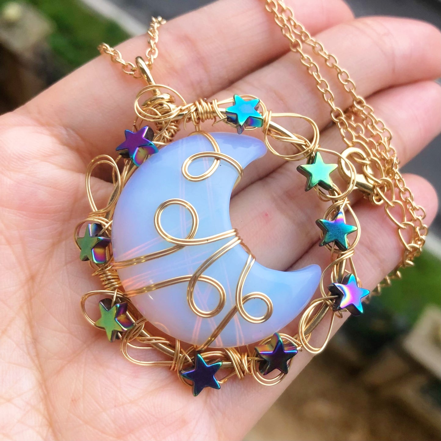 Natural Gems Stone Moon Star Crystal Pendant Necklace