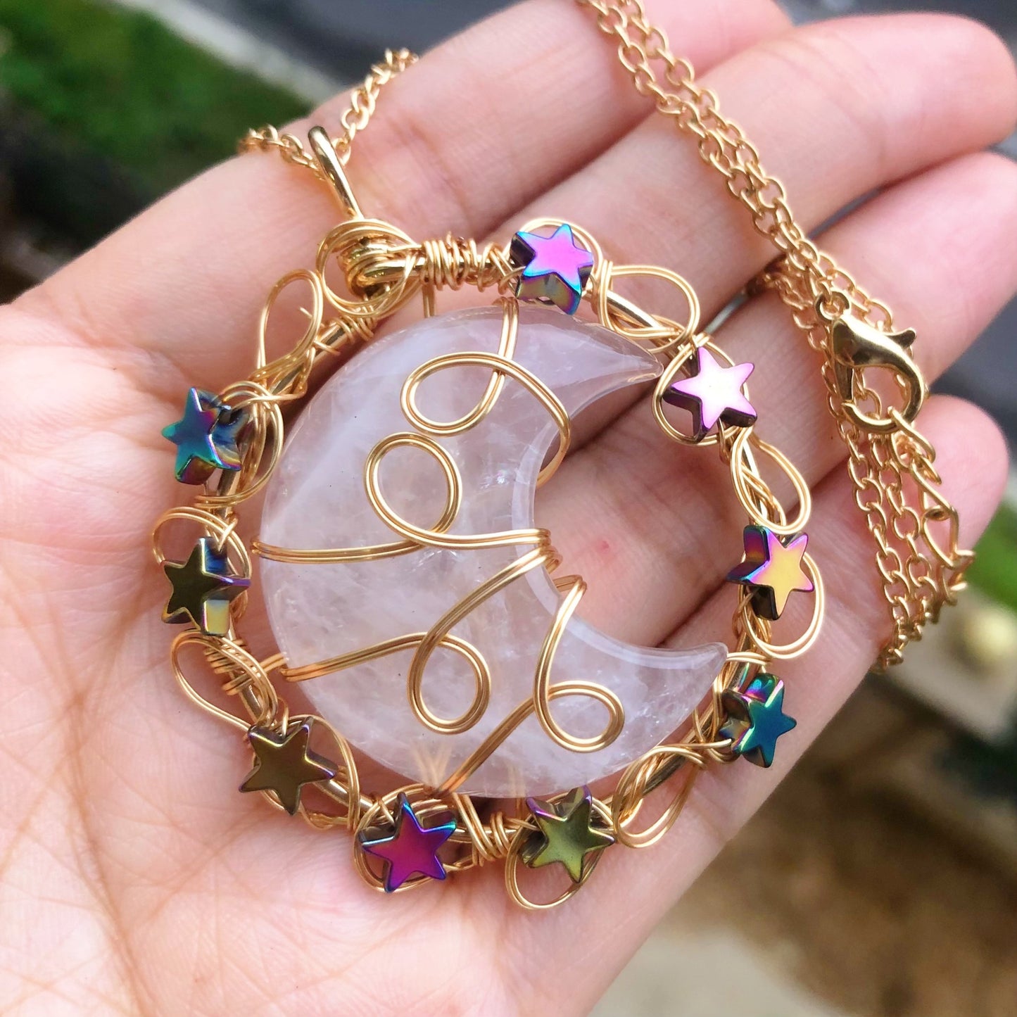 Natural Gems Stone Moon Star Crystal Pendant Necklace