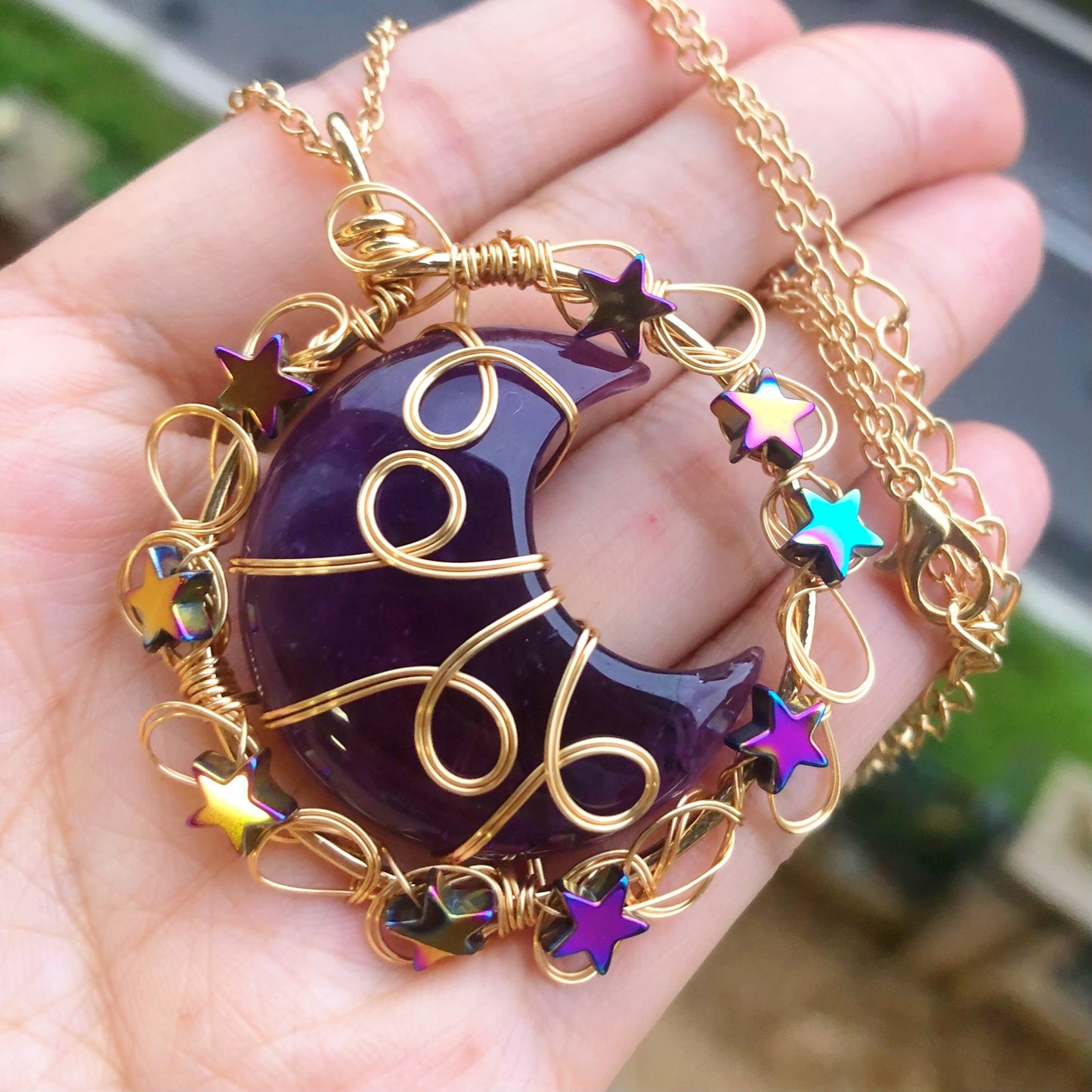 Natural Gems Stone Moon Star Crystal Pendant Necklace