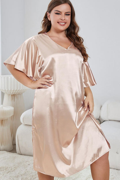 Plus Size Flutter Sleeve V-Neck Side Slit Night Gown - Treasured Gift's & More