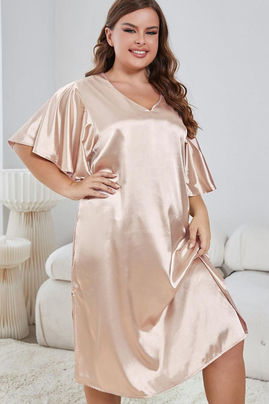 Plus Size Flutter Sleeve V-Neck Side Slit Night Gown - Treasured Gift's & More