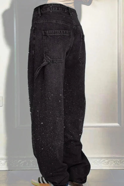 Full Size Washed Rhinestone Detail Wide leg Jeans Plus Size - Treasured Gift's & More