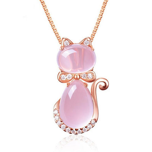 Cute Rose Pink Opal Kitty Cat Pendant Necklace - Just $12.30! Shop now at Treasured Gift's & More