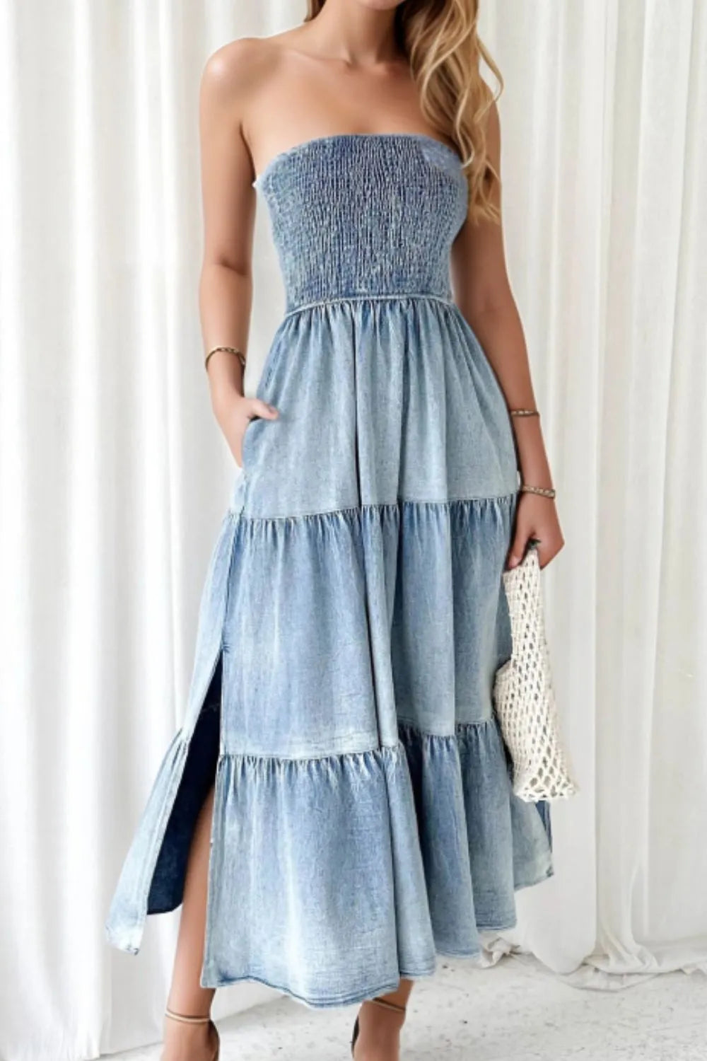 Smocked Tube Slit Tiered Denim Dress - Treasured Gift's & More