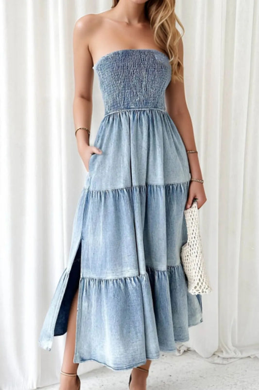 Smocked Tube Slit Tiered Denim Dress - Treasured Gift's & More