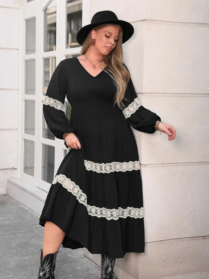 Plus Size Lace Detail V-Neck Long Sleeve Midi Dress - Treasured Gift's & More
