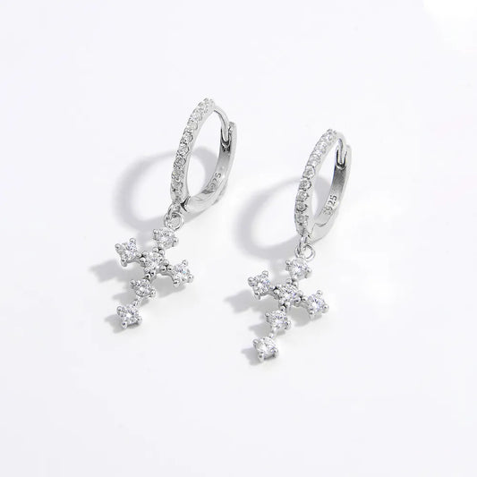 925 Sterling Silver Inlaid Zircon Cross Dangle Earrings - Treasured Gift's & More
