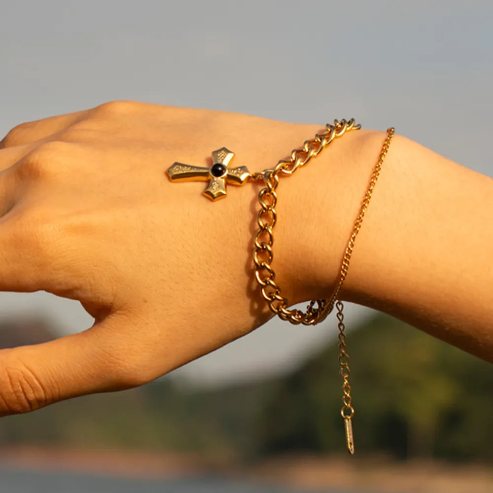 Stainless Steel Imitation Gemstone Cross Shape Pendant Bracelet - Treasured Gift's & More