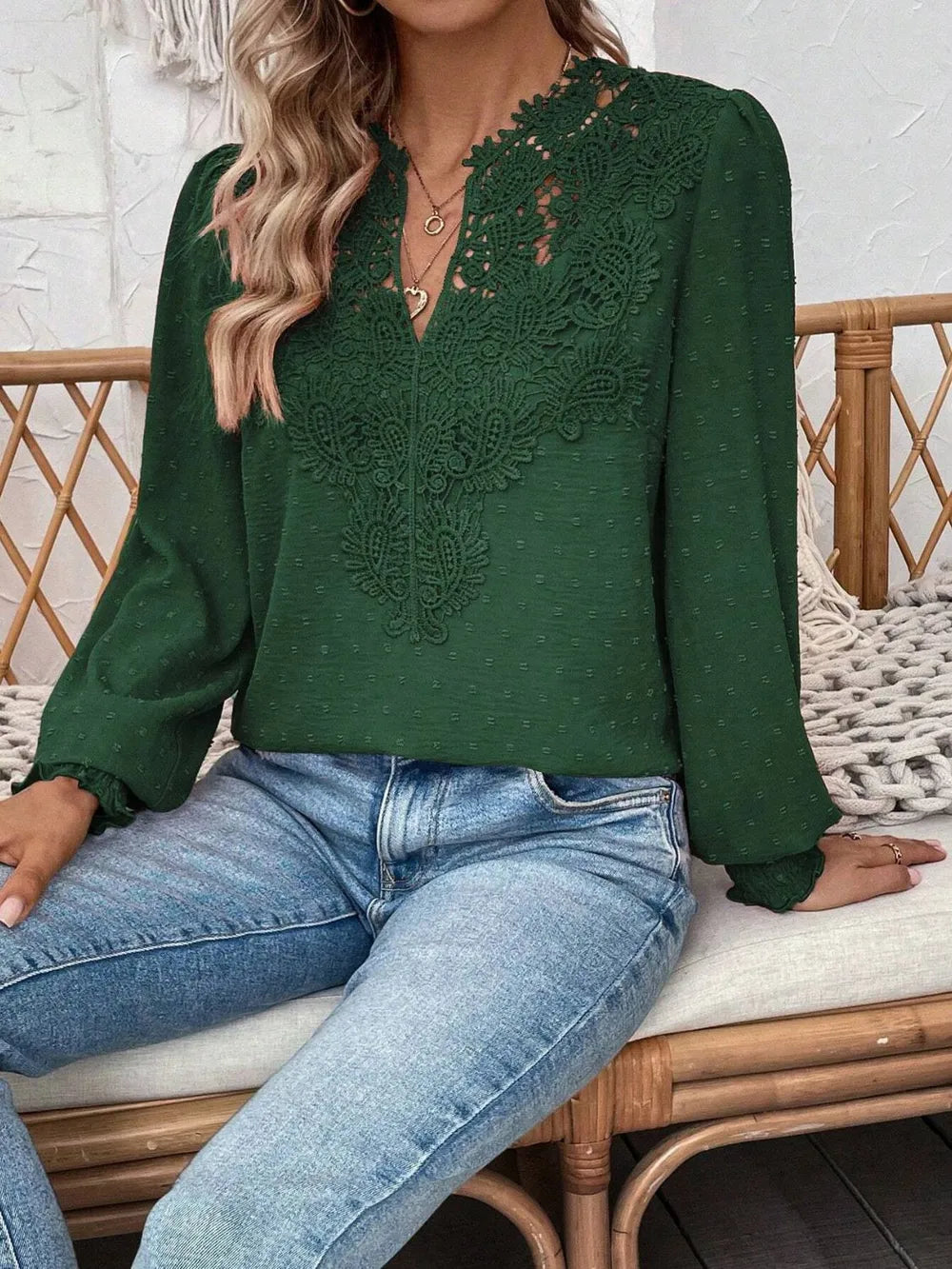 Swiss Dot Lace Detail Notched Long Sleeve Blouse - Treasured Gift's & More