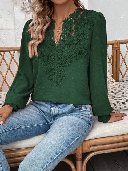 Swiss Dot Lace Detail Notched Long Sleeve Blouse - Treasured Gift's & More
