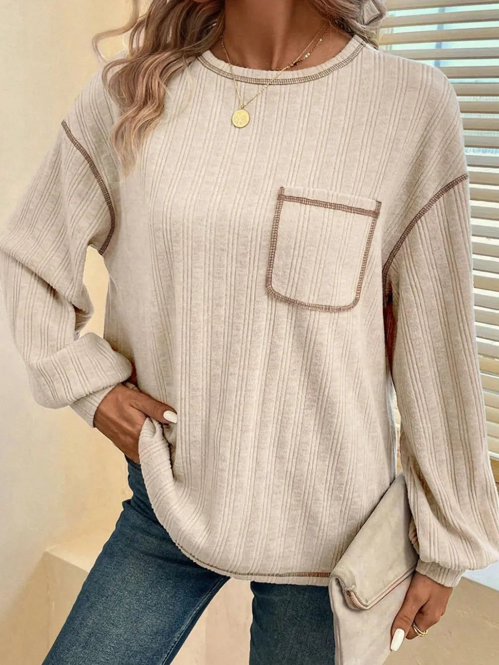 Mandy Contrast Stitching Round Neck Long Sleeve T-Shirt - Treasured Gift's & More