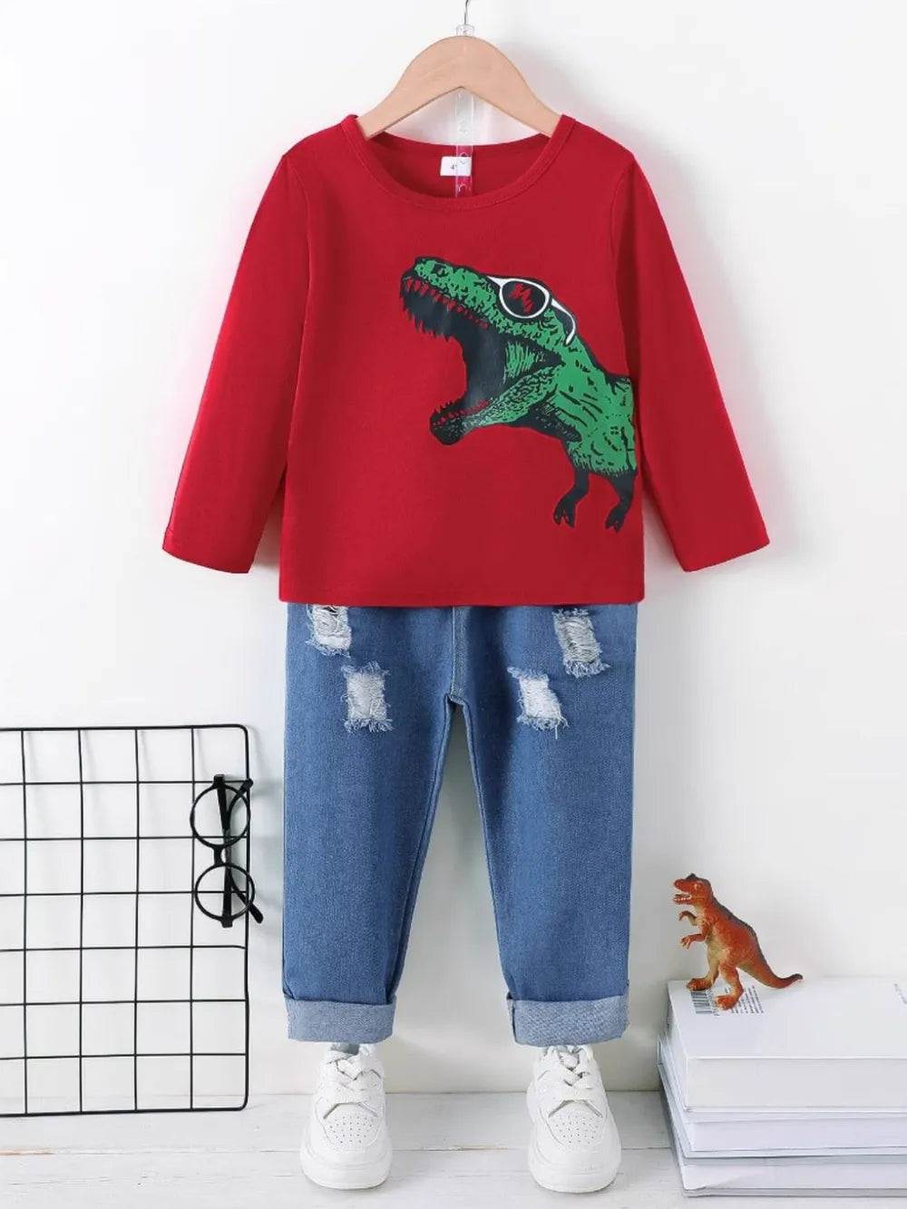 Dinosaur Round Neck Long Sleeve Top and Distressed Pants Set - Treasured Gift's & More