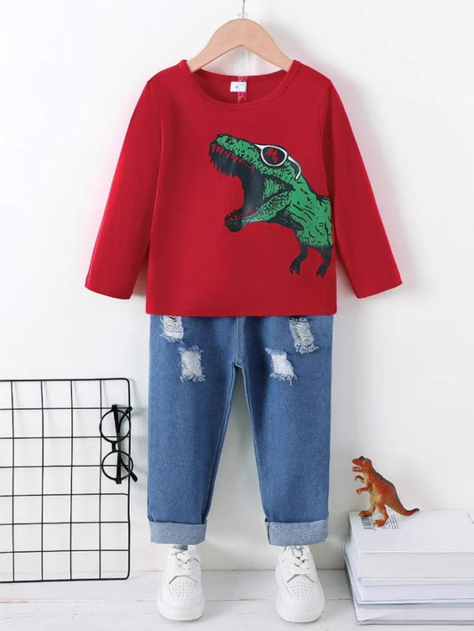 Dinosaur Round Neck Long Sleeve Top and Distressed Pants Set - Treasured Gift's & More