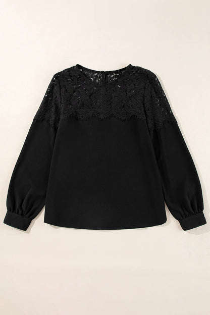 Lace Detail Round Neck Long Sleeve Blouse - Treasured Gift's & More