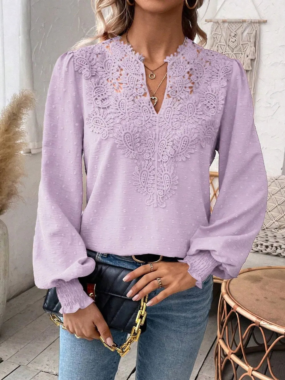 Swiss Dot Lace Detail Notched Long Sleeve Blouse - Treasured Gift's & More