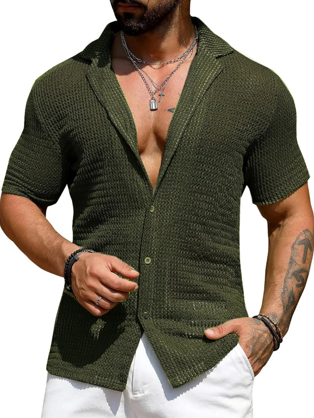 Men's Full Size Openwork Button Down Short Sleeve Shirt Plus Size - Treasured Gift's & More