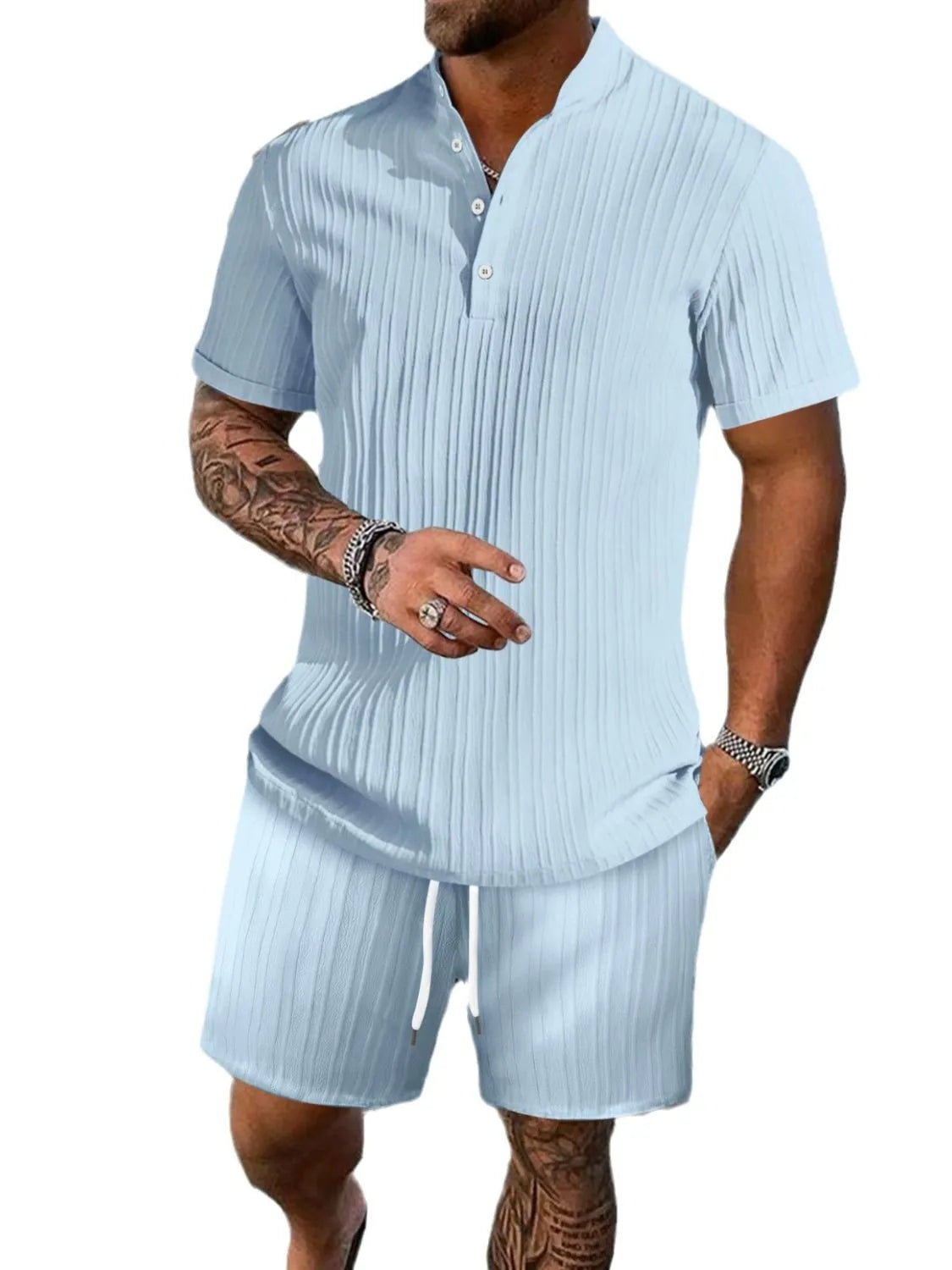 Men's Full Size Button Detail Short Sleeve Top and Shorts Set Plus Size - Treasured Gift's & More