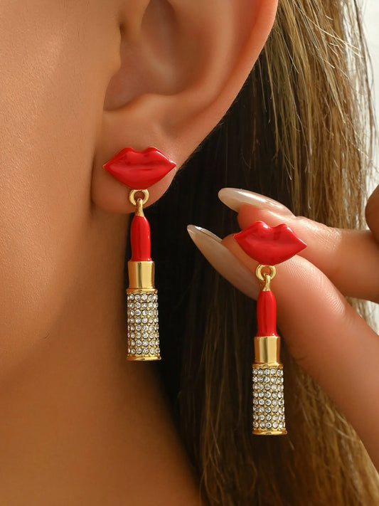 Stainless Steel Resin Lips Lipstick Rhinestone Earrings - Treasured Gift's & More