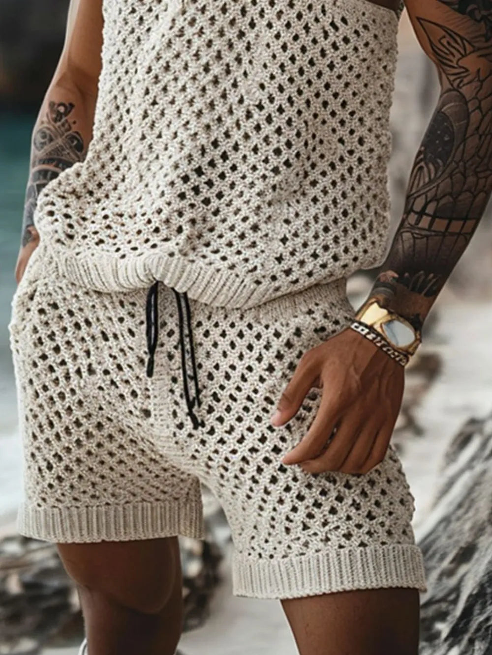 Men's Plus Size Hollow Out Round Neck Tank and Shorts Set - Treasured Gift's & More