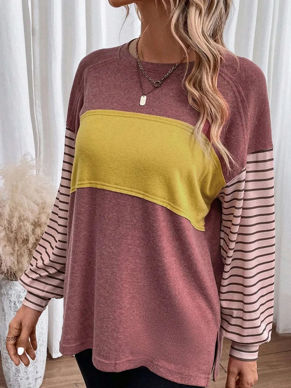 Round Neck Striped Long Sleeve Slit T-Shirt - Treasured Gift's & More