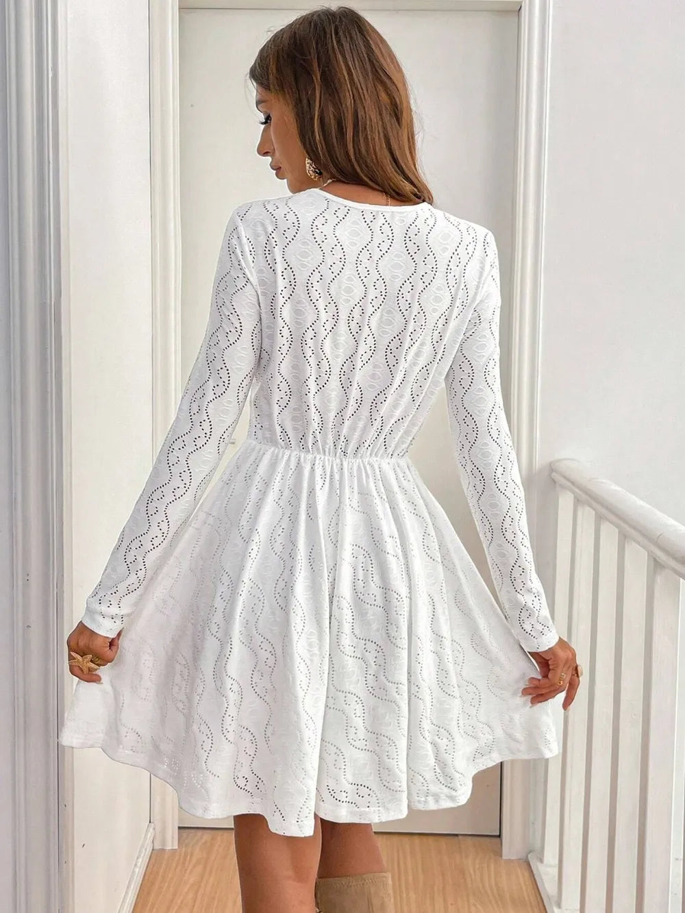 Lace Detail V Neck Long Sleeve Mini Dress - Treasured Gift's & More