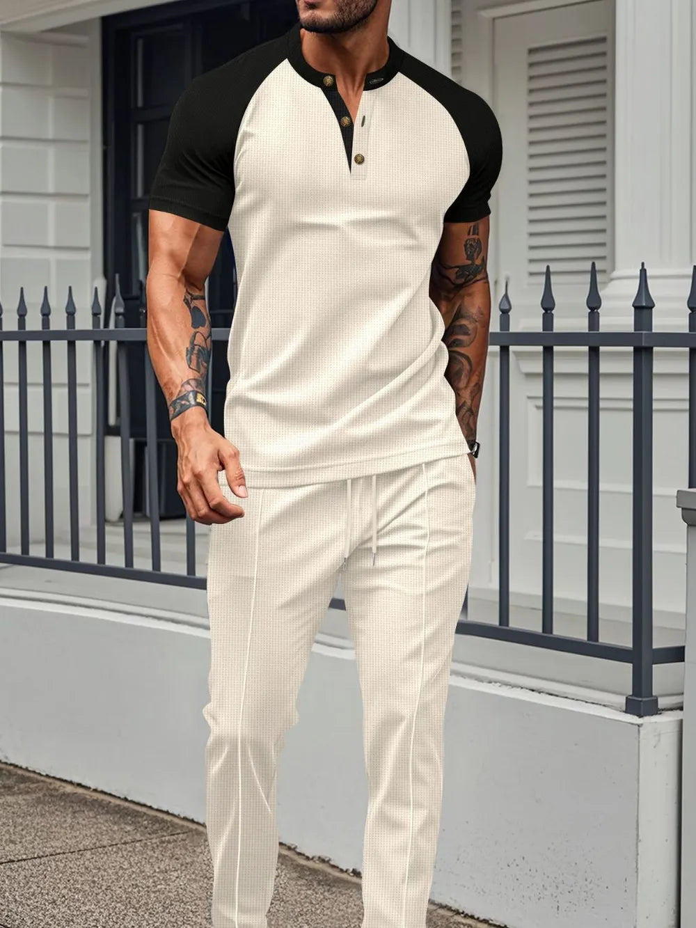 Men's Full Size Waffle-Knit Contrast Top and Drawstring Pants Set Plus Size - Treasured Gift's & More