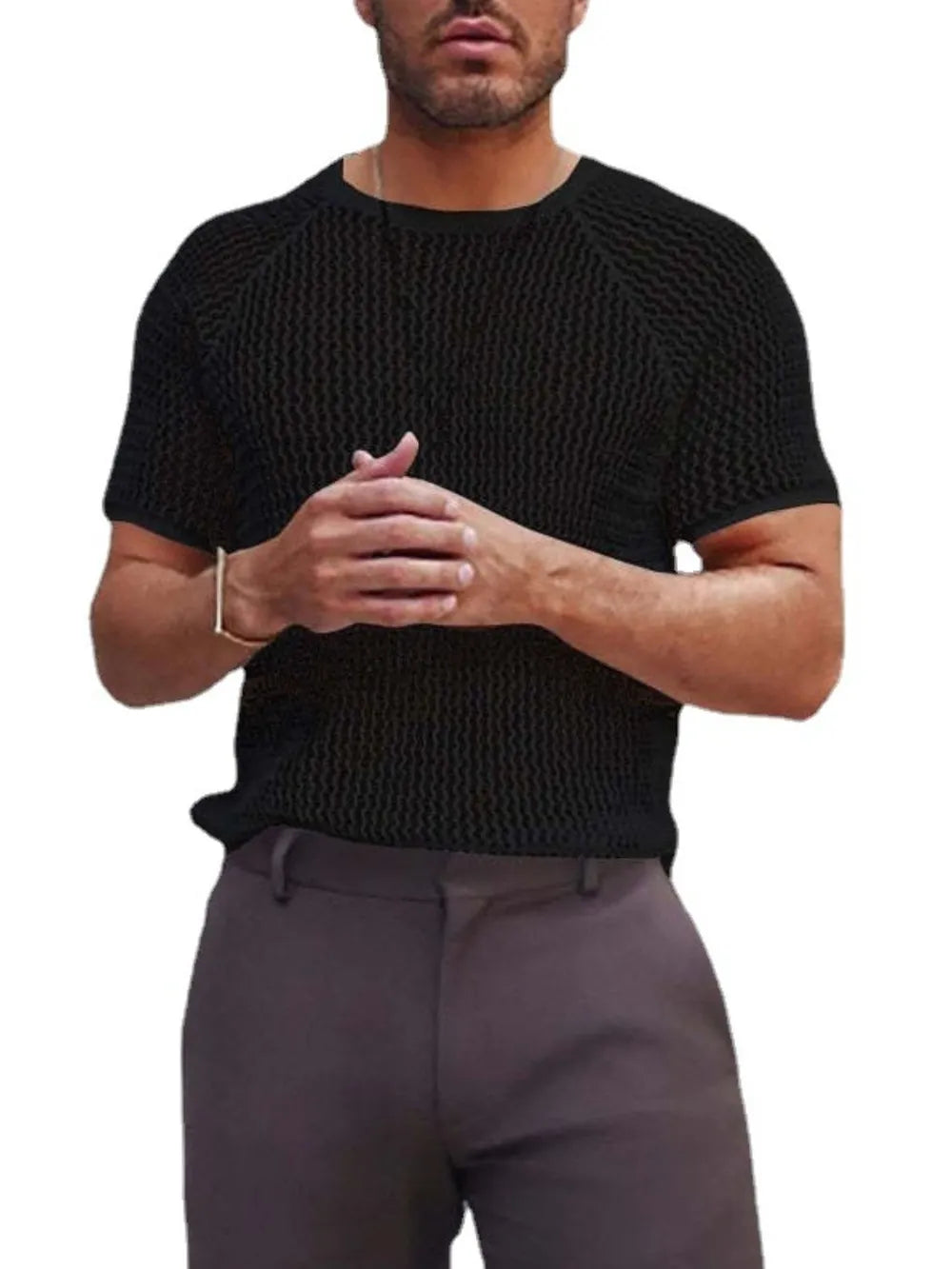 Men's Openwork Round Neck Short Sleeve T-Shirt - Treasured Gift's & More