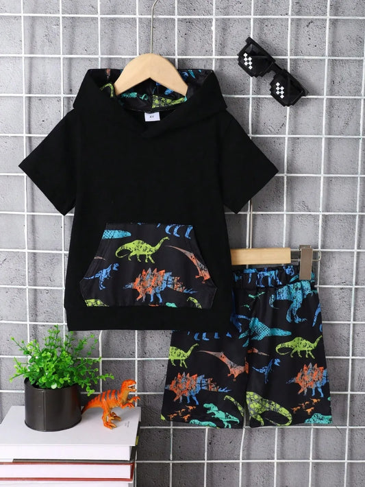 Children's Dinosaur Short Sleeve Hooded Top and Pants Set - Treasured Gift's & More