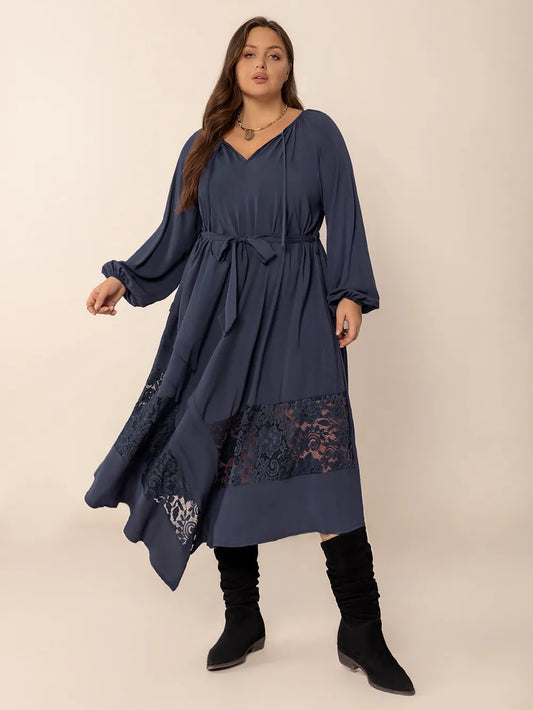 Plus Size Lace Detail Tie Neck Long Sleeve Midi Dress - Treasured Gift's & More