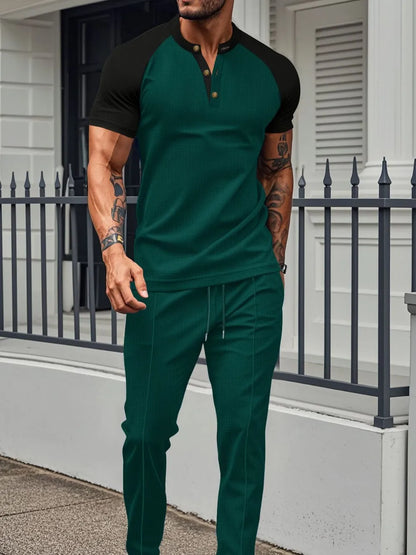 Men's Full Size Waffle-Knit Contrast Top and Drawstring Pants Set Plus Size - Treasured Gift's & More