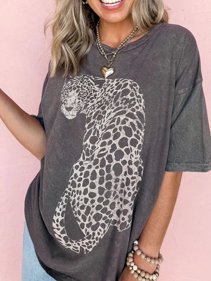 Cheetah Mineral Wash Round Neck Half Sleeve T-Shirt - Treasured Gift's & More