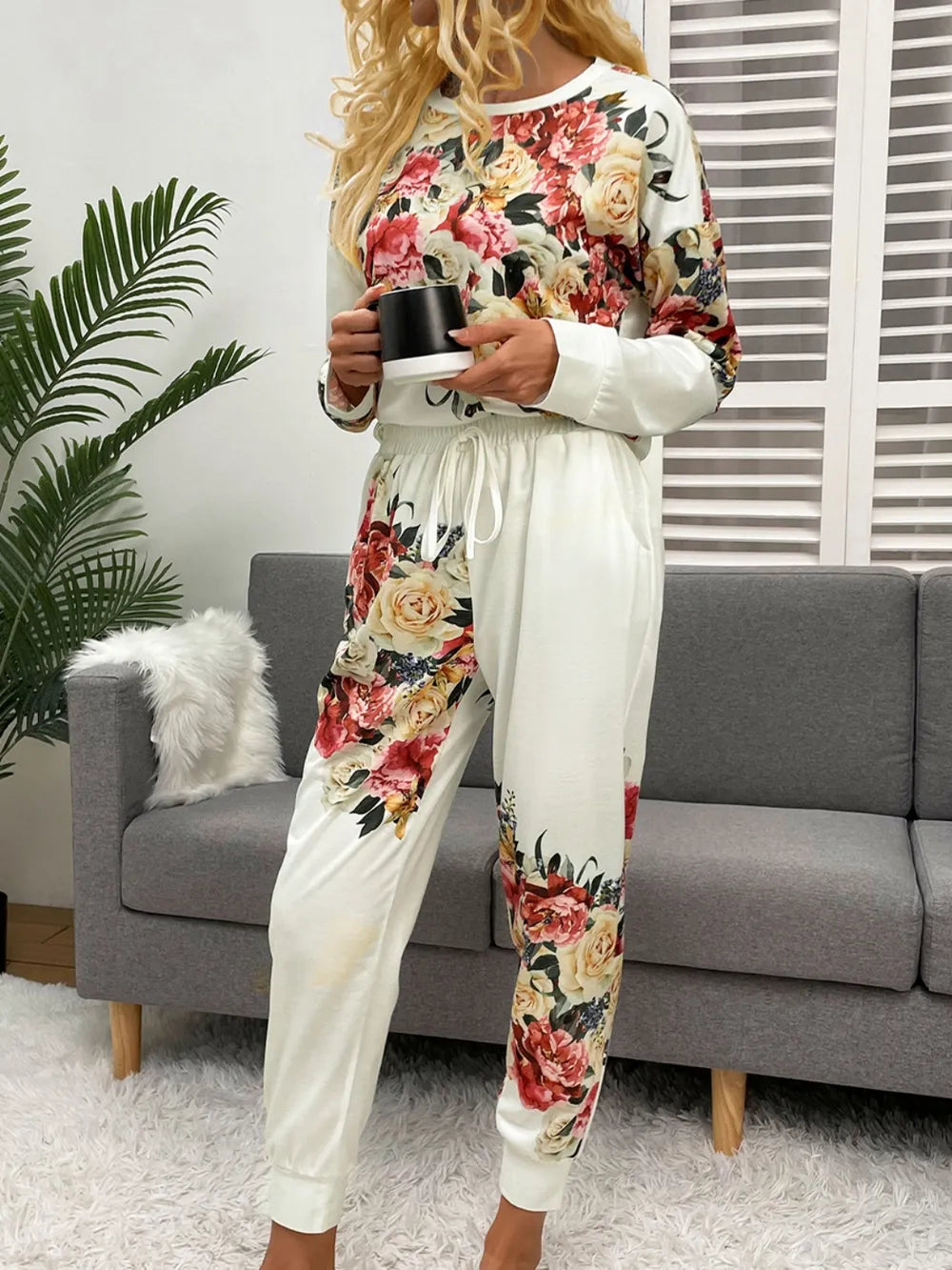 Shiny Printed Round Neck Top and Pants Lounge Set - Treasured Gift's & More