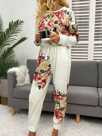 Shiny Printed Round Neck Top and Pants Lounge Set - Treasured Gift's & More