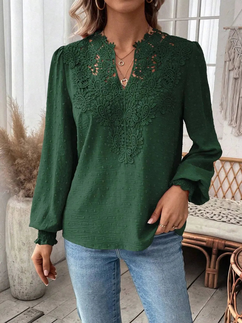 Swiss Dot Lace Detail Notched Long Sleeve Blouse - Treasured Gift's & More
