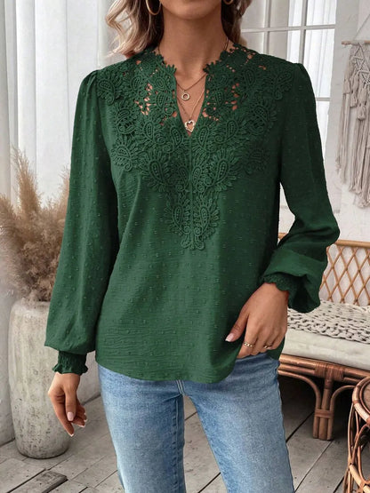 Swiss Dot Lace Detail Notched Long Sleeve Blouse - Treasured Gift's & More