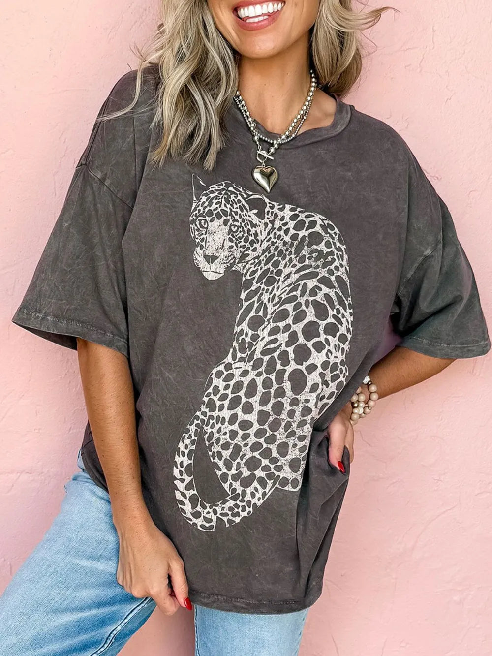 Cheetah Mineral Wash Round Neck Half Sleeve T-Shirt - Treasured Gift's & More