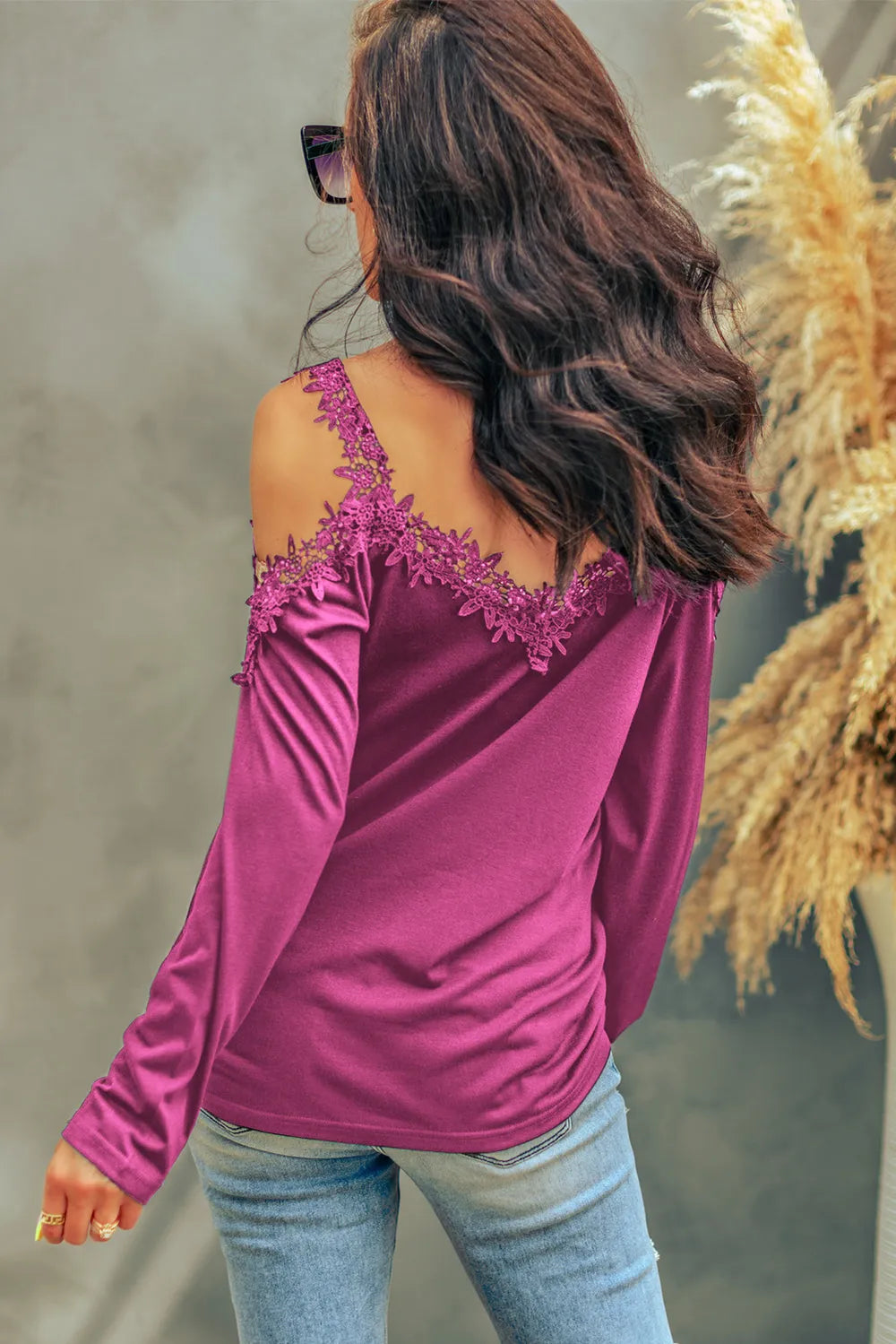 Lace Detail Cold Shoulder Long Sleeve T-Shirt - Treasured Gift's & More