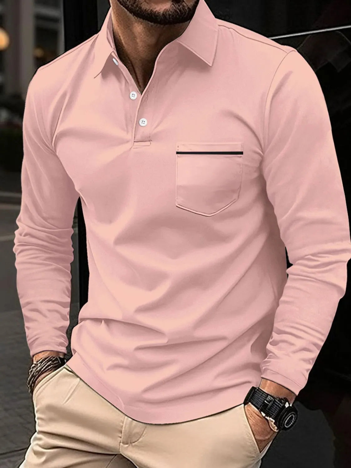 Men's Full Size Button Detail Long Sleeve Polo Plus Size - Treasured Gift's & More